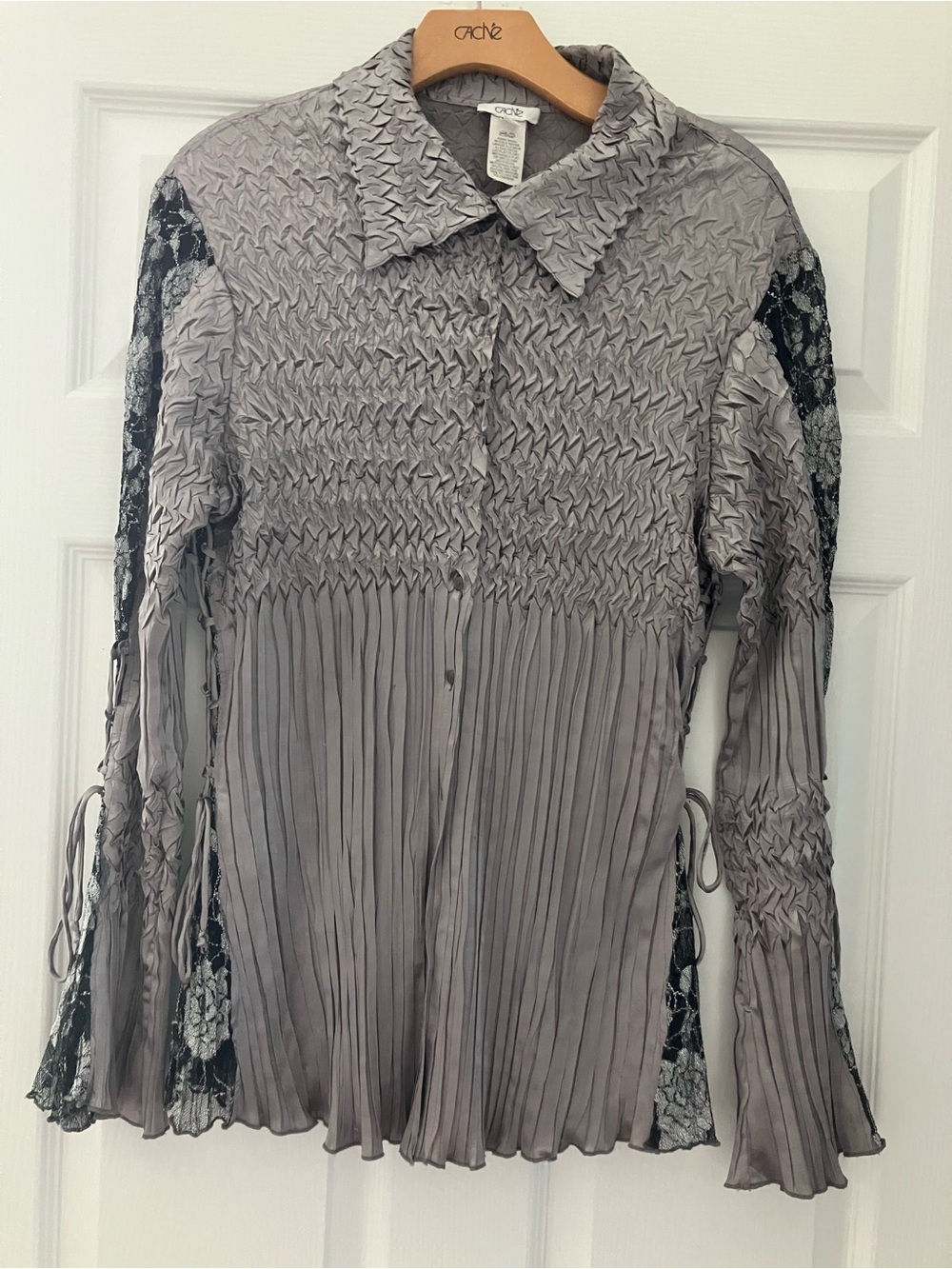 Cache Gray Pleated Button-Front Shirt with Black Lace Sleeves and Side Panel
